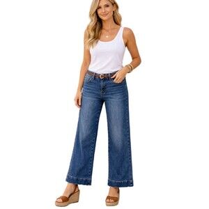 Flying Monkey Wide Leg Denim High Rise Wide Raw Hem Boho Dark Wash Size 29